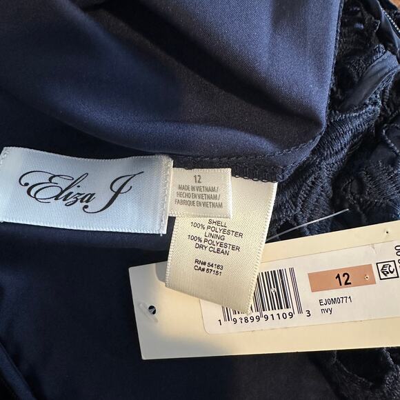 NWT Eliza J Lace Guipure Lace Asymmetrical Dress Size 12 Navy Short Sleeve $188 - Picture 11 of 12
